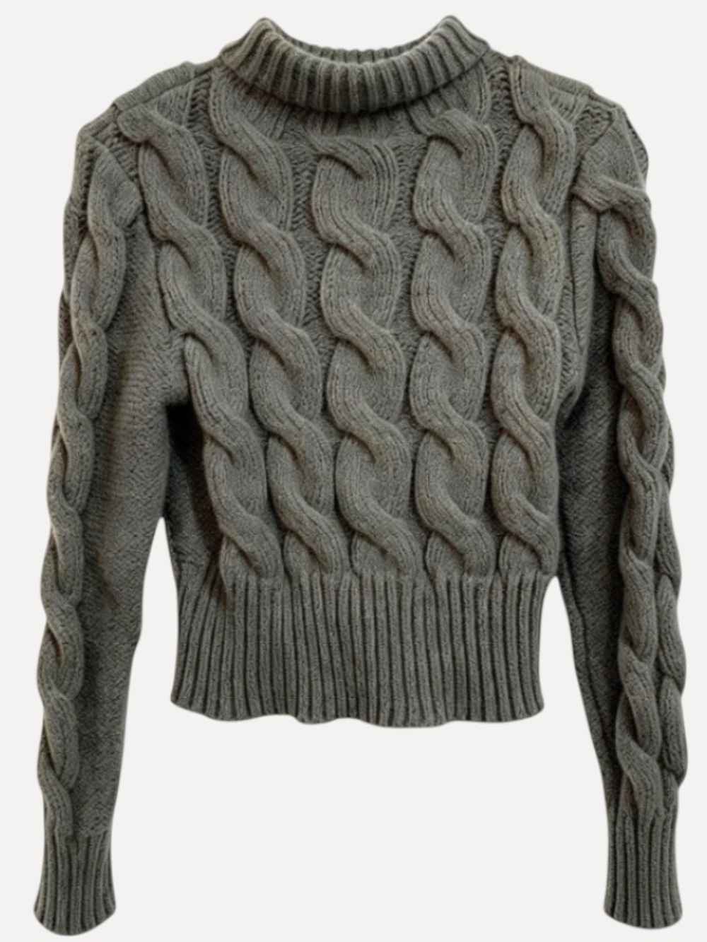 Boutique Chunky Cable Knit Crop Mock Neck Sweater Sage Grey Fits S M